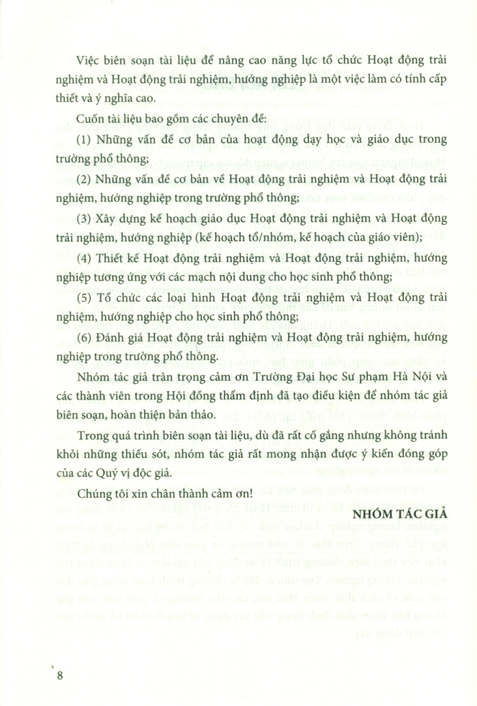 TÀI LIỆU BỒI DƯỠNG NĂNG LỰC TỔ CHỨC HOẠT ĐỘNG TRẢI NGHIỆM VÀ HOẠT ĐỘNG TRẢI NGHIỆM, HƯỚNG NGHIỆP CHO GIÁO VIÊN PHỔ THÔNG